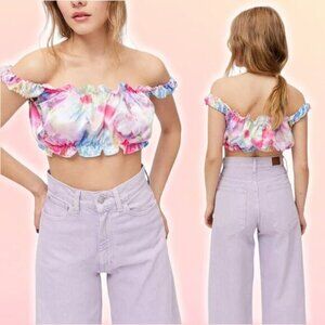 TACH Goda Silk Blend Floral Multicolor Ruffle Crop Top Sz Medium